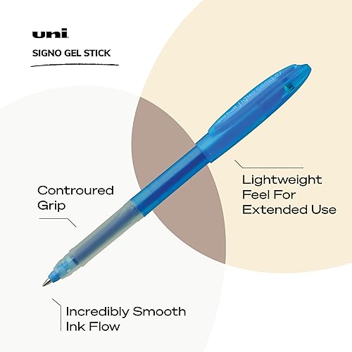 Miniatura 3 de Uniball Signo - Bolígrafo de gel, en barra, mediano de 0.028 in, tinta azul, barril azul, docena