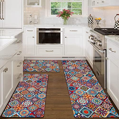 MELAJIA Kitchen Rugs Sets of 3 Non Slip Washable with Rubber Backing Kitchen Mats Set for Floor Easy to Clean Low-Profile Runner Rug for Hallway Entryway Bathroom Laundry Room