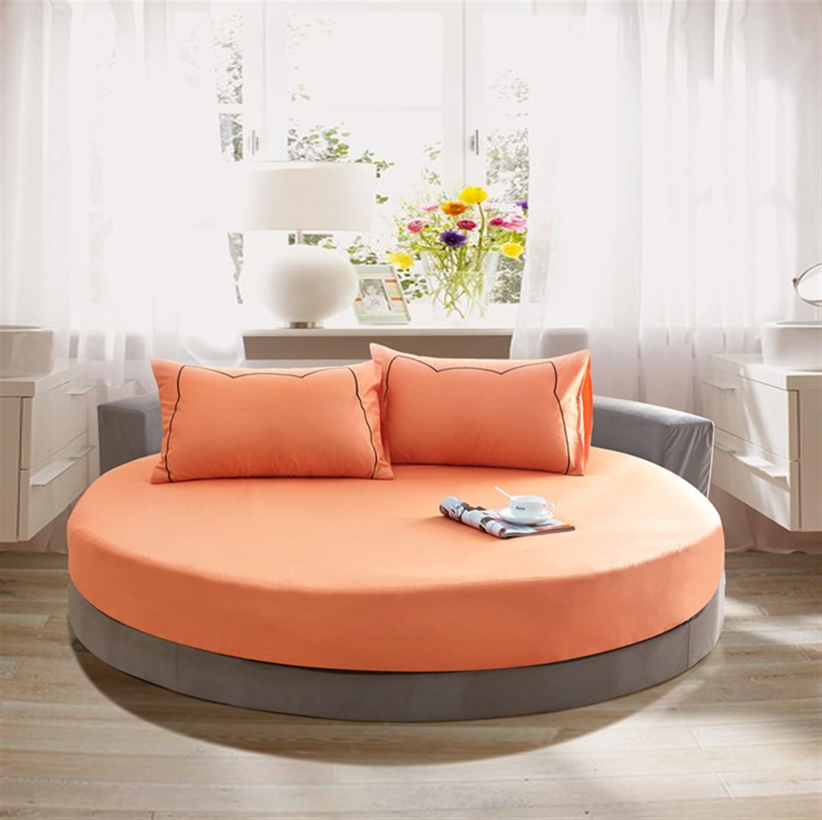 Round bed Fitted Sheets Cotton fabric solid color bedspread soft health Mattress Protectors(Orange,Diameter 2.4m)