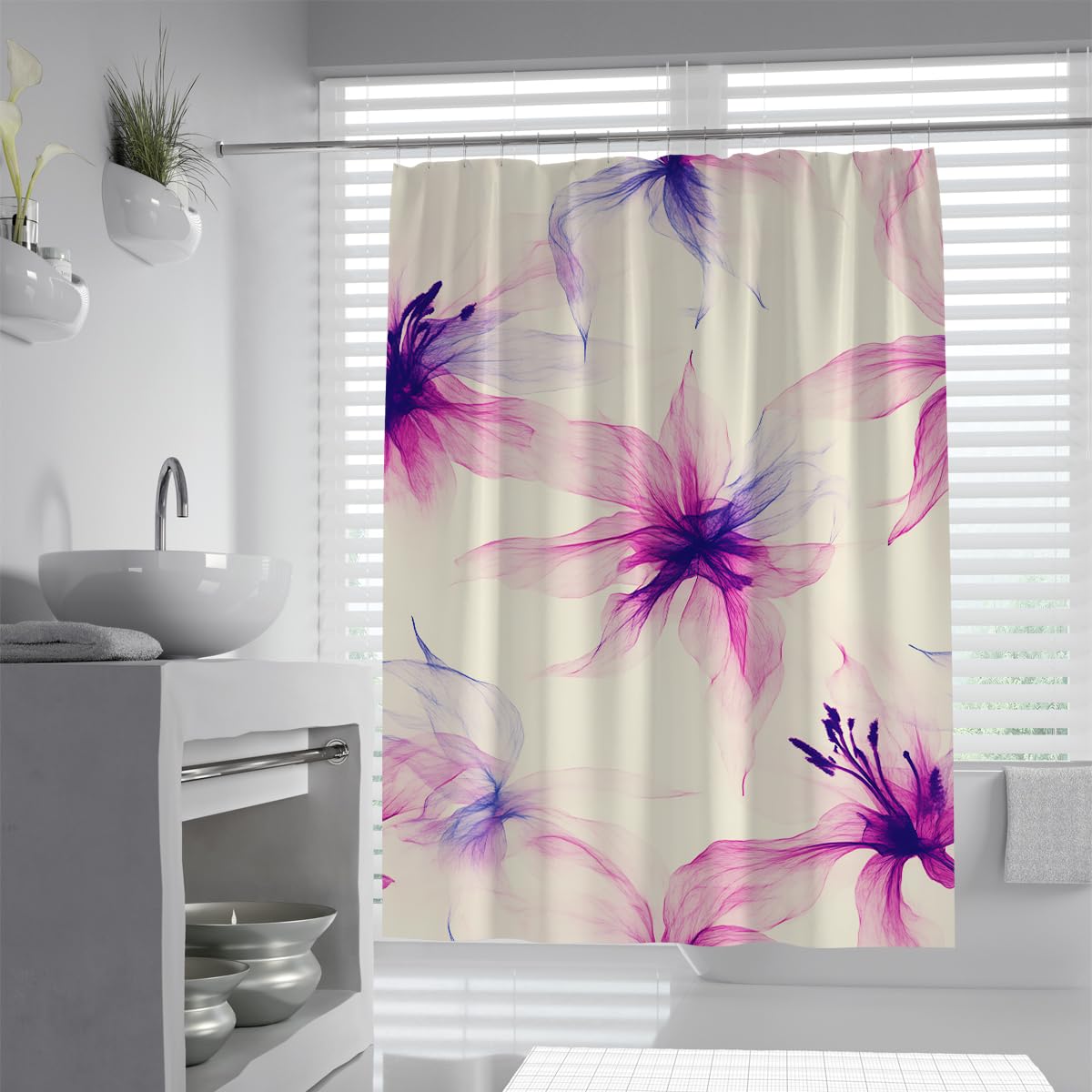 UIRINGART Elegant Lily Floral Shower Curtain W200xL200cm Translucent Purple Flower Petal Watercolor Print Waterproof Anti Mould Bath Curtains For Bath Tub Home Hotel