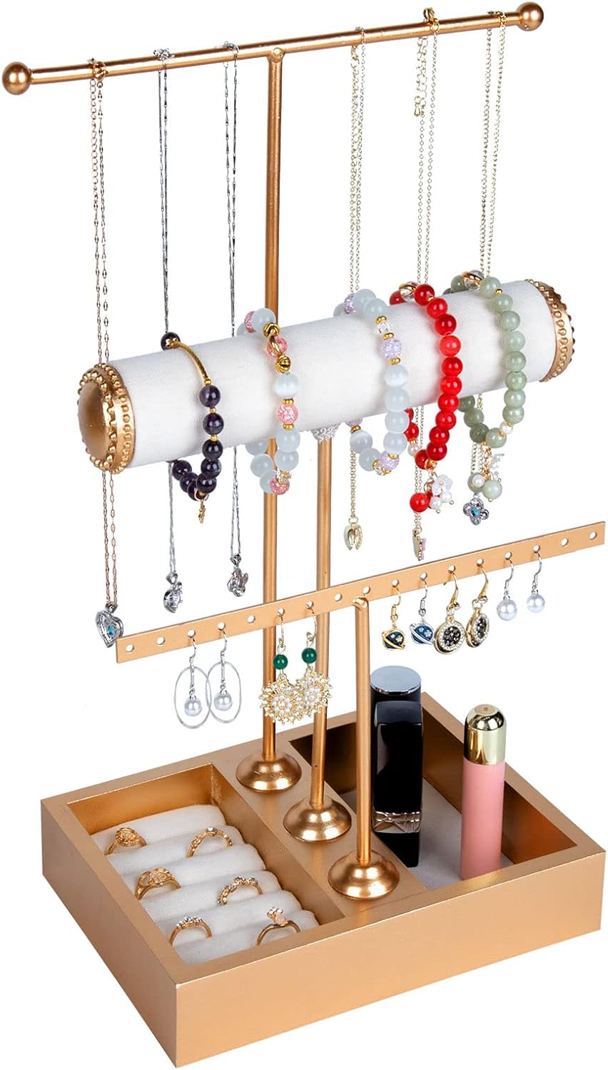 NPPLUS Jewelry Organizer Stand 3 Tier Necklace Holder, Wooden Bracelet Holder Base Box Storage for Rings,Necklaces Bracelets Earring Rings Jewelry Tree Stand Organizer Display