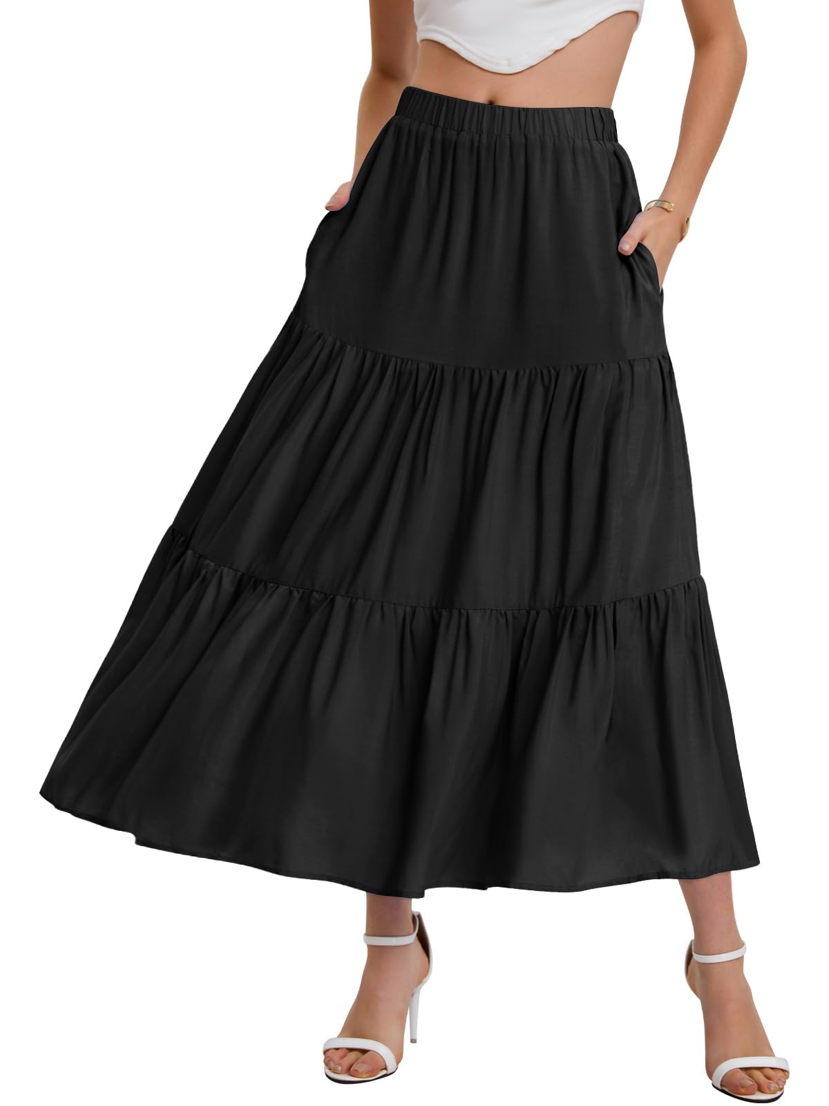 Bloggerlove Tiered Maxi Skirts for Women Trendy Summer Long Flowy Skirt Boho Beach Skirts with Pockets XS-XL