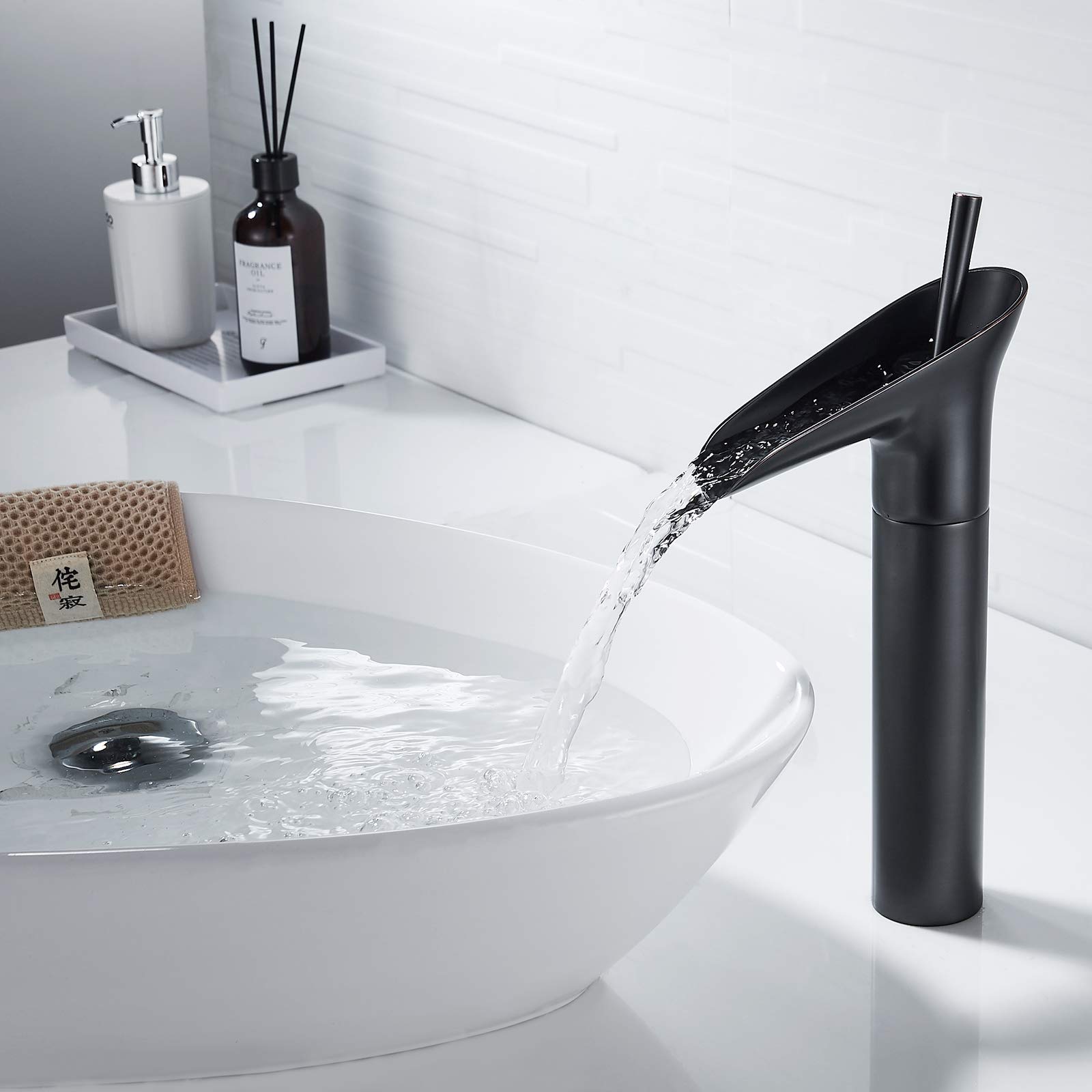 Retro Wasserfall Waschtischarmatur Schwarz Matt, Einhebel Armatur für Bad mit Messing Finish, G3/8