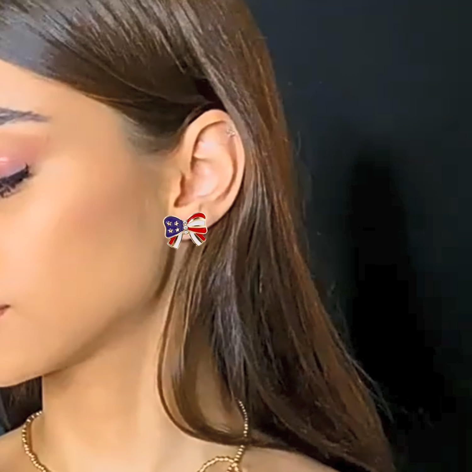 USA American Flag Earrings for Women USA Patriotic Bow Earrings Sparkly Rhinestone Bow Studs Earrings Independence day US 4th of July Outfits Jewelry for Women - Image 3