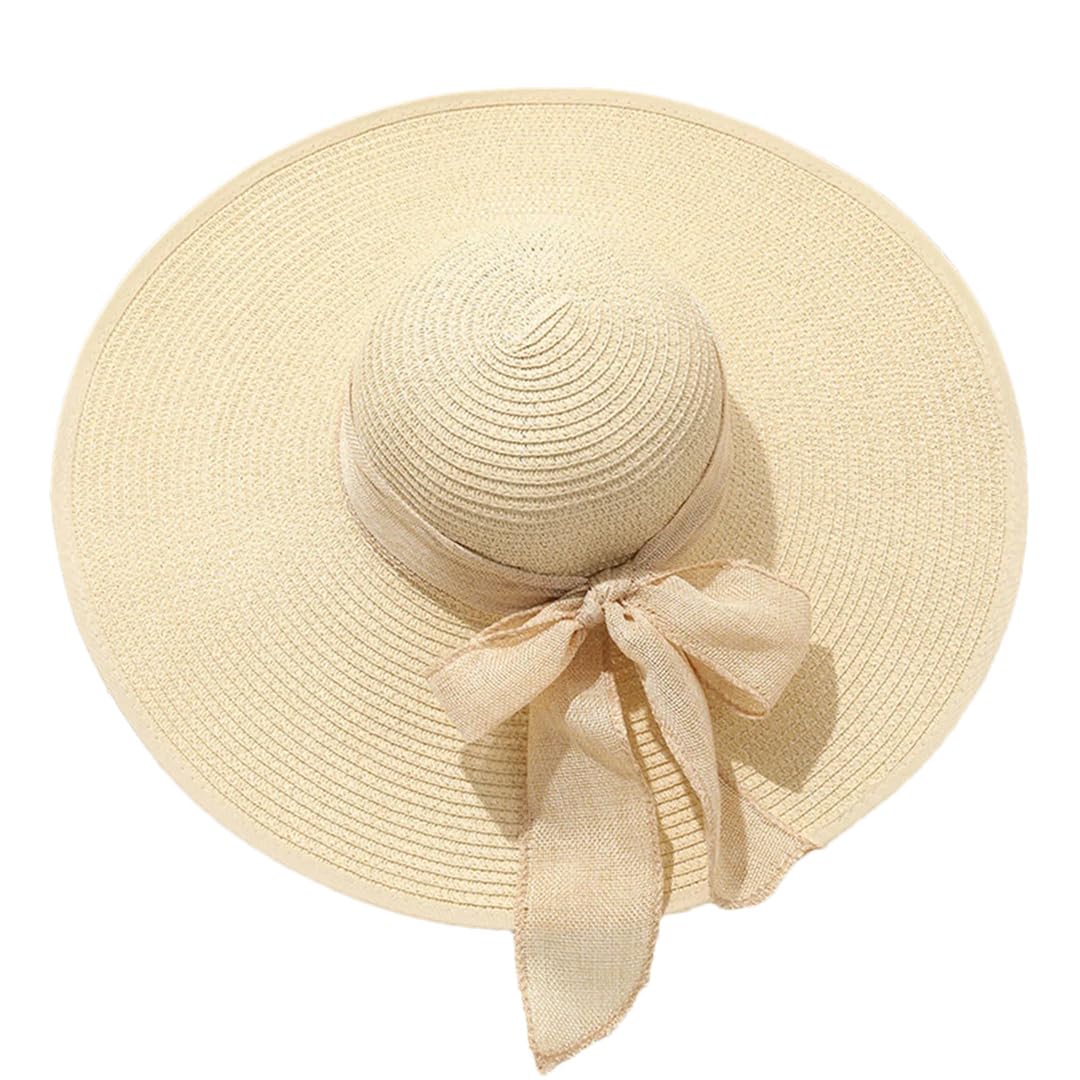 Yeuyyben Cappello estivo da donna con visiere pieghevoli, cappello da sole a tesa larga, cappello da spiaggia con fiocco, cappello di paglia da viaggio, B-bianco, Taglia unica