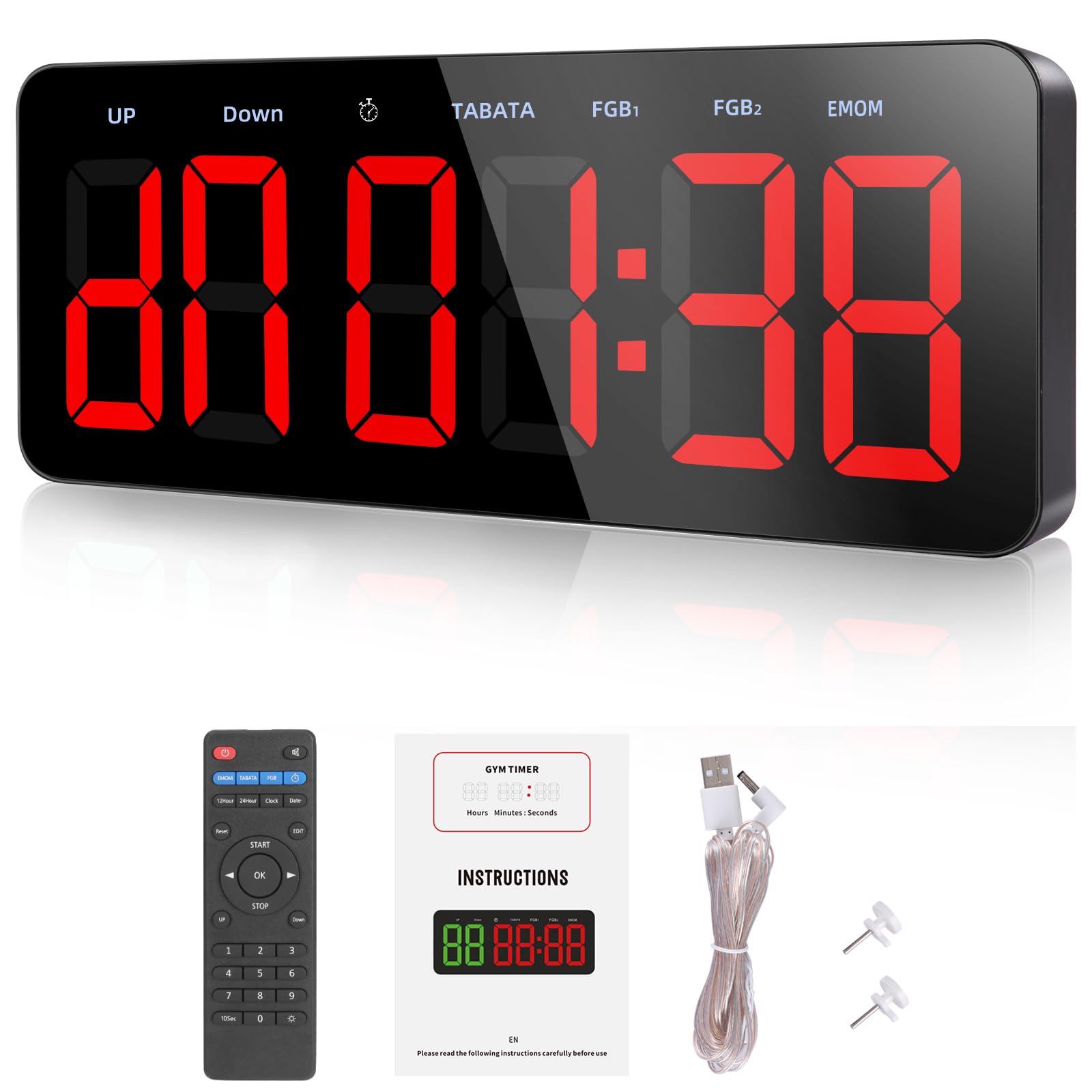PELLOR Gym Timer, Large Digital Wall Clock, Interval Timer Clocks with Stopwatch,Countdown/Up,Adjustable Volume, Fitness Training Clock with Remote for TABATA, EMOM, FGB, Indoor and Outdoor