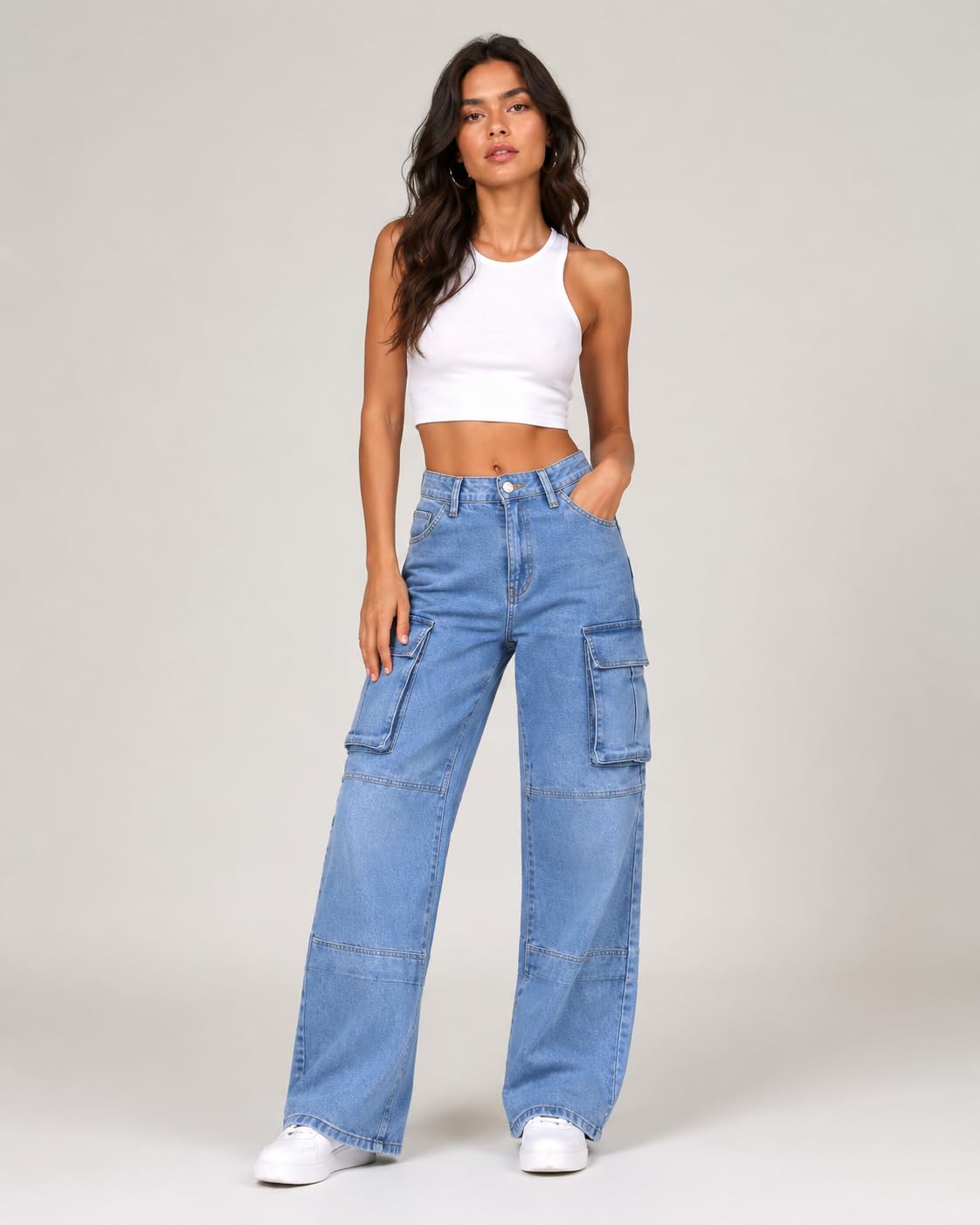 GRECIILOOKS Jeans cargo da donna, a vita alta, in denim, a gamba larga, vestibilità dritta, pantaloni casual larghi per ragazze e abbigliamento quotidiano