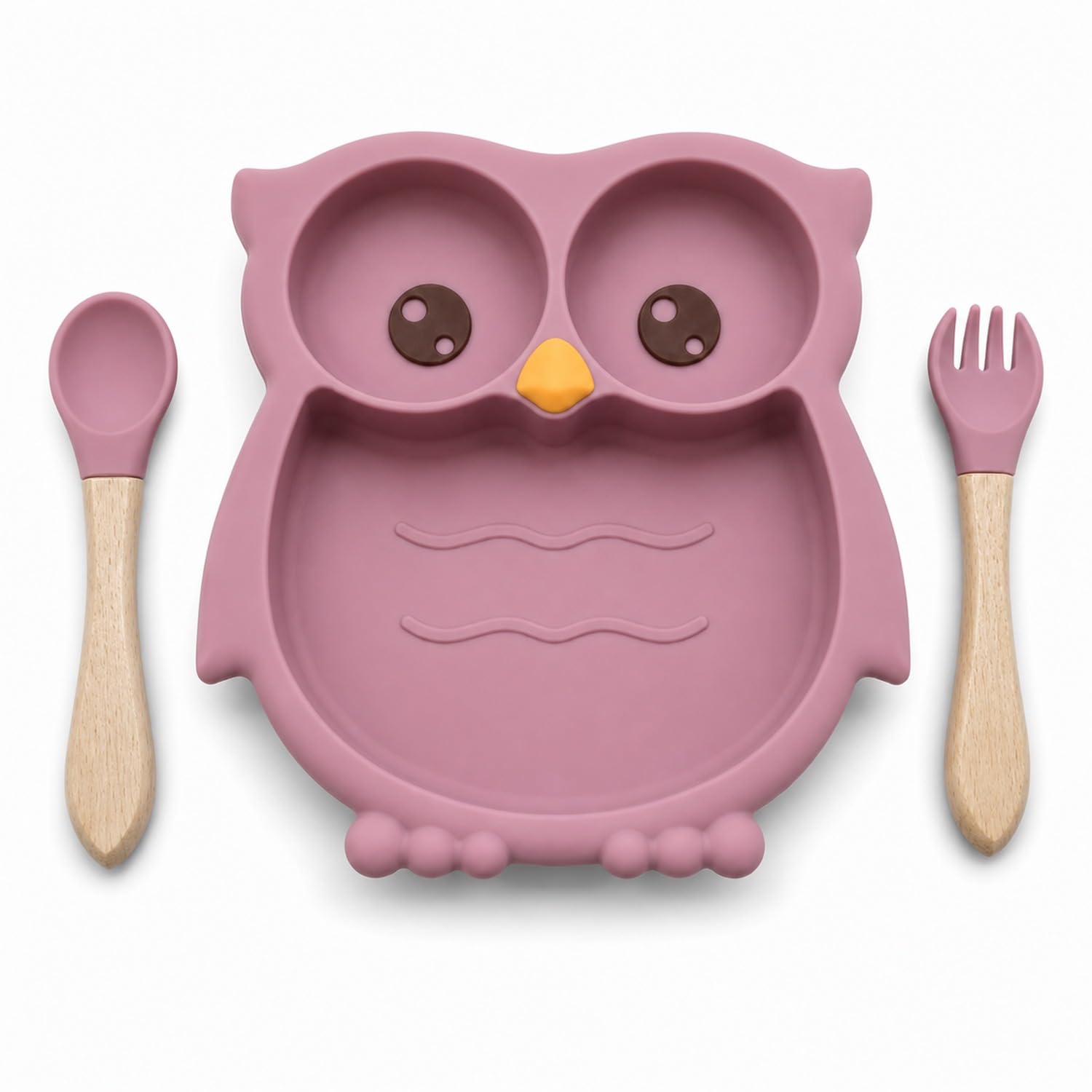 BabyGo Silicone Suction Plate for Babies & Toddlers | 3-Section Owl-Shaped Feeding Set | Strong Suction Cups | BPA-Free, Microwave Safe | Self-Feeding| 1 Plate & 2 Spoons | Pink-image-23