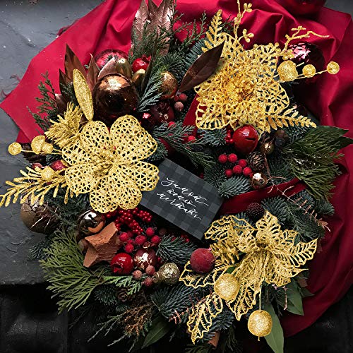 Youngjoy 6 Pieces Chinese New Year Glitter Flower Picks Gold Vase Bottle Filler With Artificial Poinsettia Flowers Frozen Pine Leaves And Berries For Spring Festival Winter Home Vase Decor(Gold) #TOP2