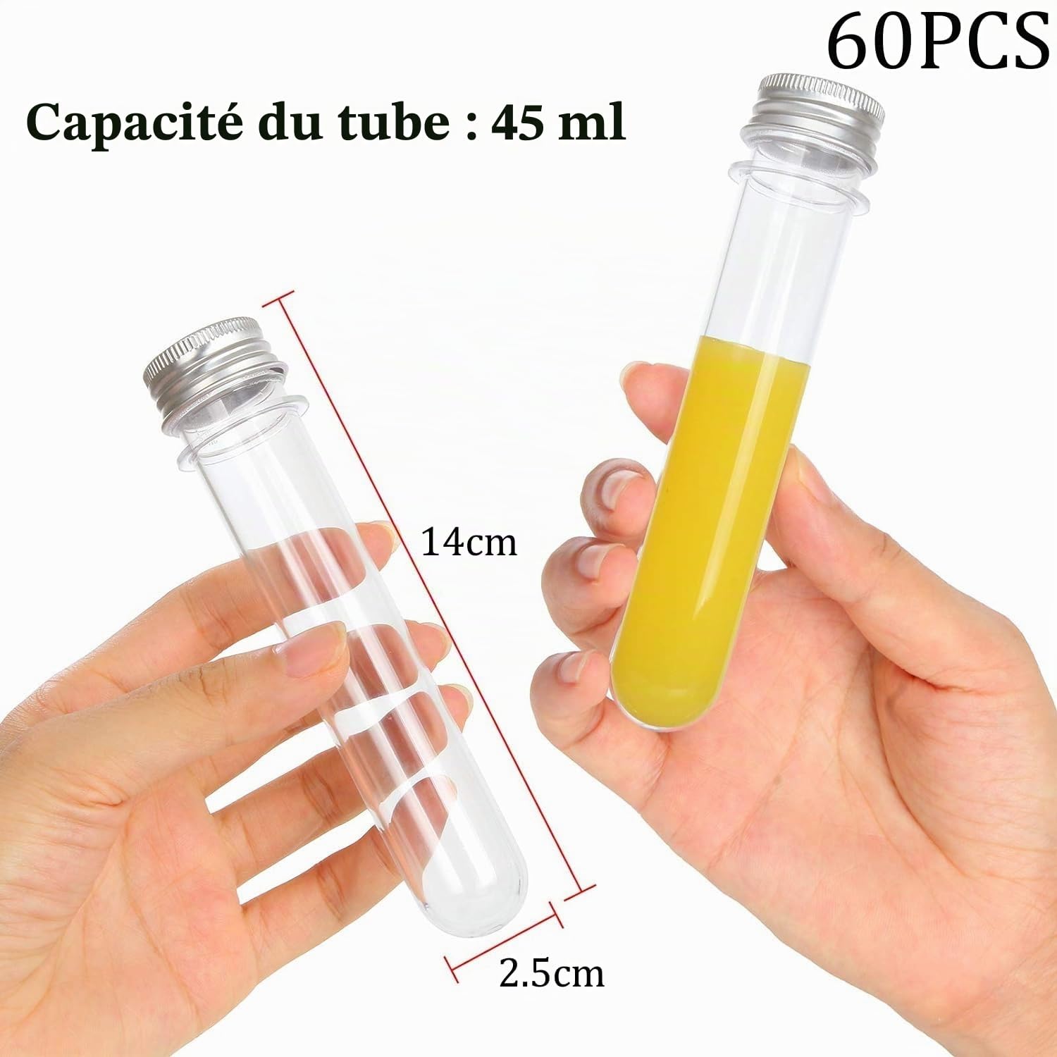 KAHEIGN 60 Pièces Tubes à Essai en Plastique avec Casquettes, 45ml Tubes de Sel de Bain Transparents Tubes de Bonbons Gumball Flacons Tube Récipient pour Fleur Épices Verre Perles Liquide Laboratoire