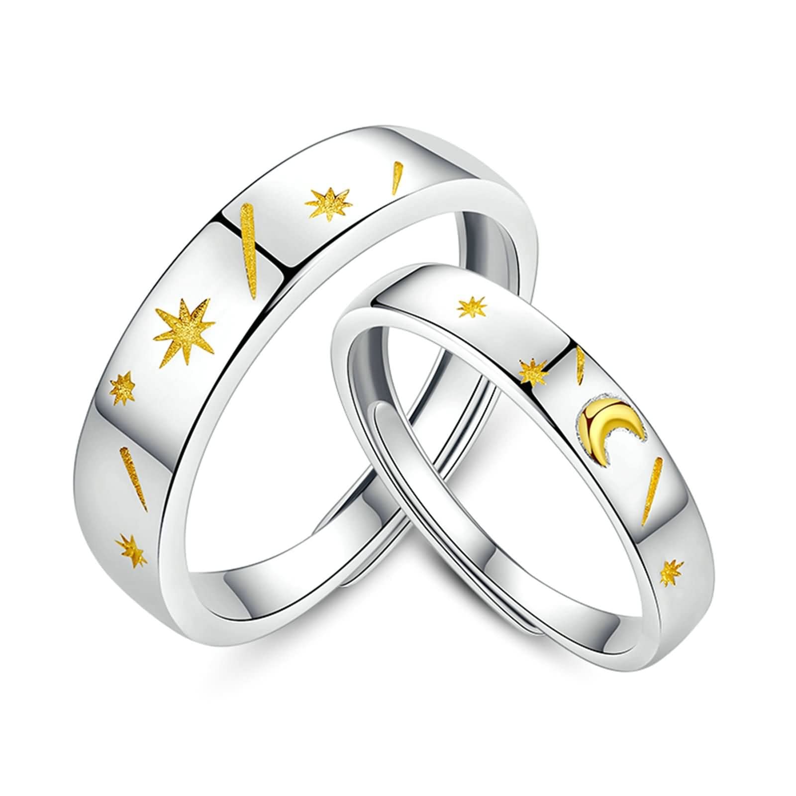 Anillos a juego con luna y sol, alianzas de boda de plata de ley 925 para amantes de las joyas ajustables, Sin piedras preciosas