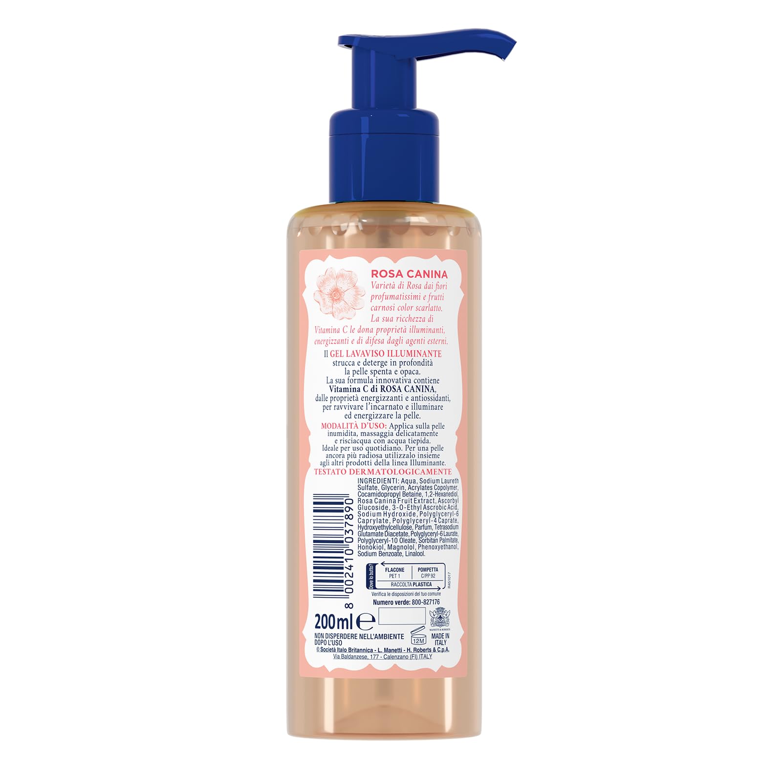 Acqua alle Rose, Gel Lavaviso Illuminante con Vitamina C, Detergente Viso Illuminante per Pelli Spente e Opache, Uso Quotidiano, 200 ml