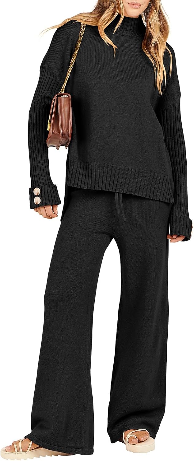ANRABESS Women's 2 Piece Outfit Sweater Lounge Sets Long Sleeve Knit Pullover Wide Leg Pant Tracksuit Loungewear 2025 Fashion Medium Black