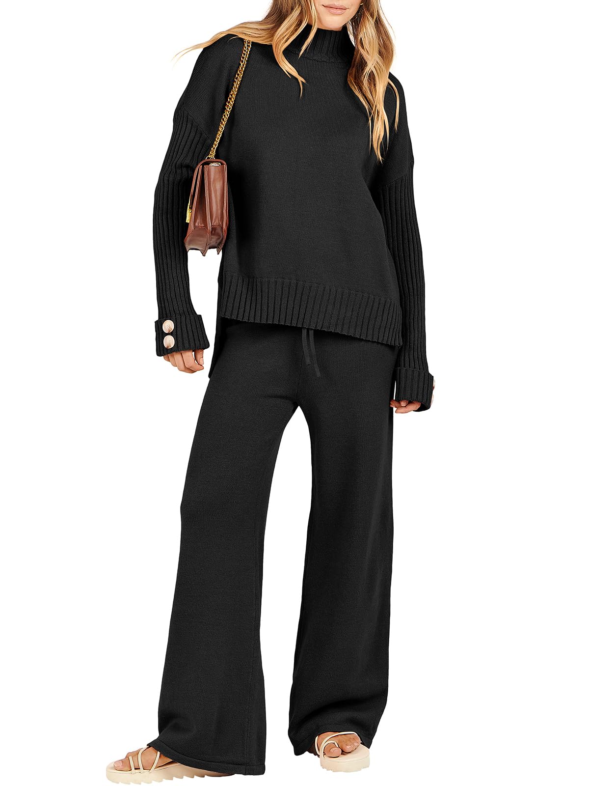 ANRABESS Womens 2 Piece Outfit Sweater Lounge Sets Long Sleeve Knit Pullover Wide Leg Pant Tracksuit Loungewear 2025