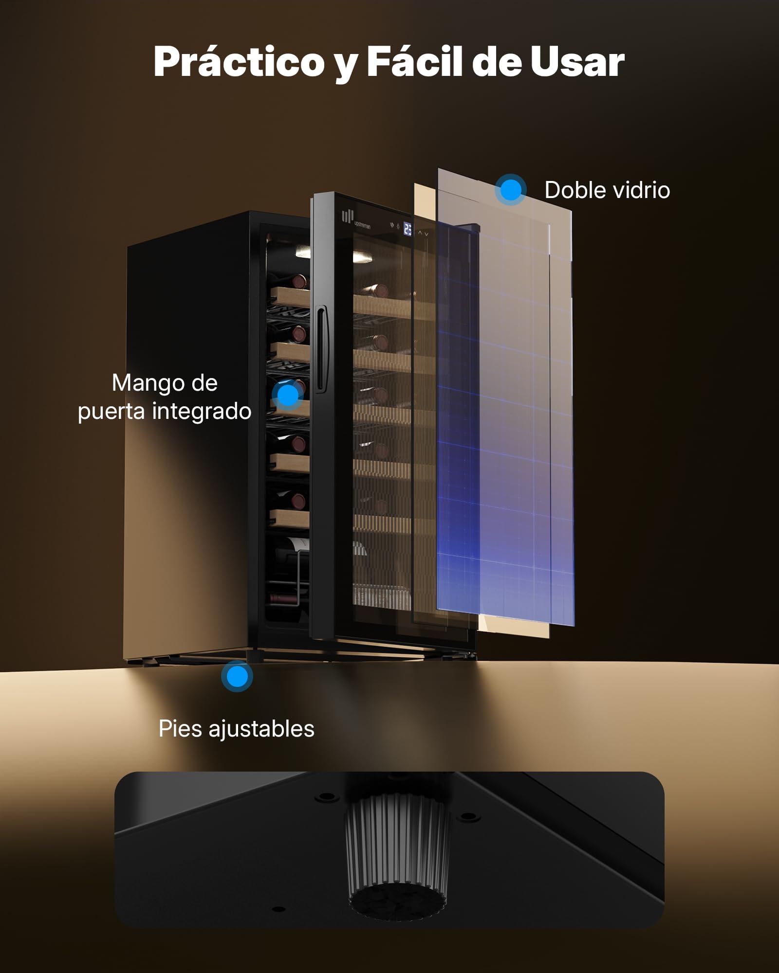 Upstreman Vinoteca para 24 Botellas, 5°C - 20°C Ajustable, Empotrable & Bajo Encimera, Doble Acristalamiento, Pantalla Táctil, Iluminación LED, 5 Baldas, Bodega de vino Negro W24