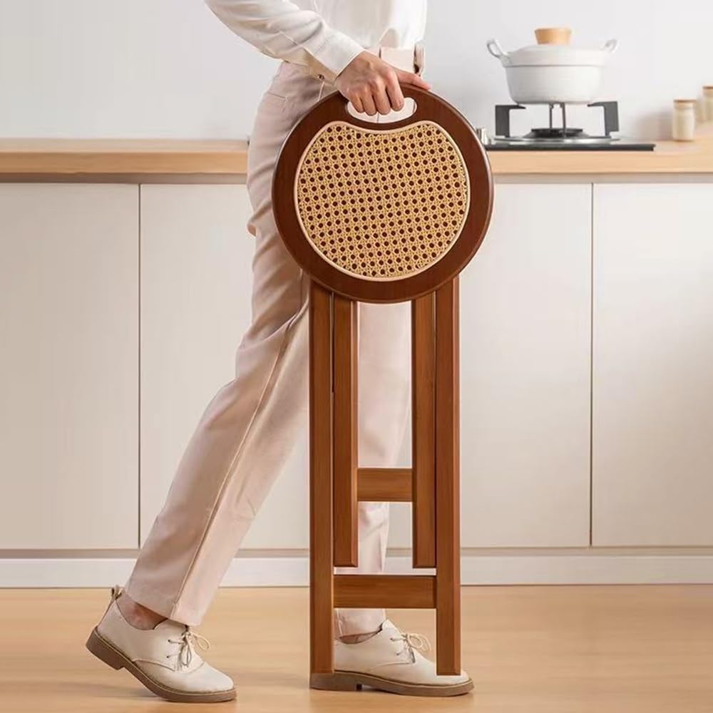 Tabourets Pliants en Bois Naturel Tabouret Pliant avec Poignée, Portable 45 60cm Tabouret Haut Pliable en Bois Massif Rond sans Dossier Tabourets De Bar ﻿(Wicker Style)