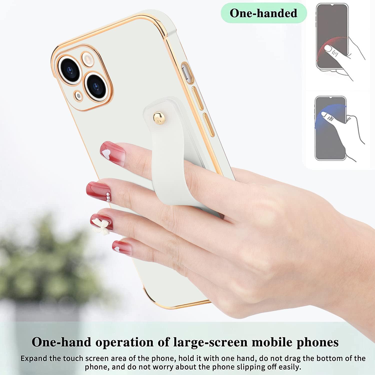 for iPhone 14 Plus Case for Women Girls, Bling Luxury Plated Bumper with Cute Love-Heart Design, Adjustable Hand Strap Stand, Raised Edges Shockproof Protection for iPhone 14 Plus - White - Image 6