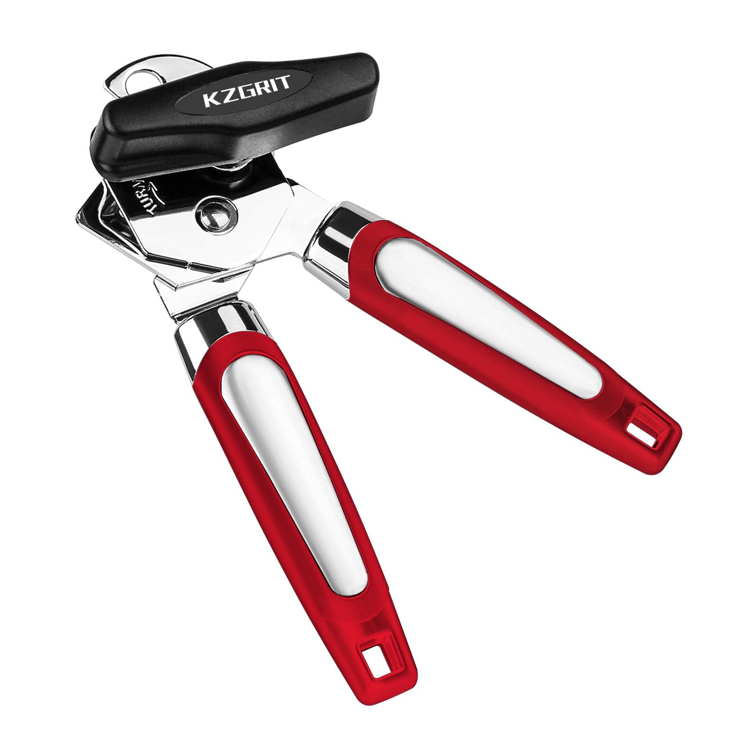 KZGRIT Manual Can Opener, Food-Safe Stainless Steel, Smooth Edge, Tin Lids Jar Bottle Caps Openers with Non-Slip Handle and Ergonomic Turning Knob for Elderly with Arthritis(Red)