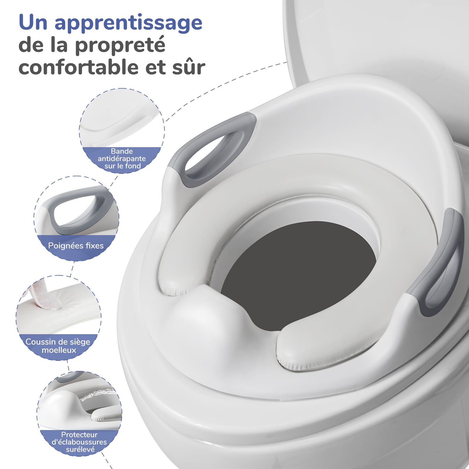 DEANIC Reducteur Toilette Enfant, Rehausseur avec 2 Marches, Réducteur WC Bébé adapté aux Enfants de 1 à 6 Ans, avec 2 Coussins et 1 Brosse (Gris)