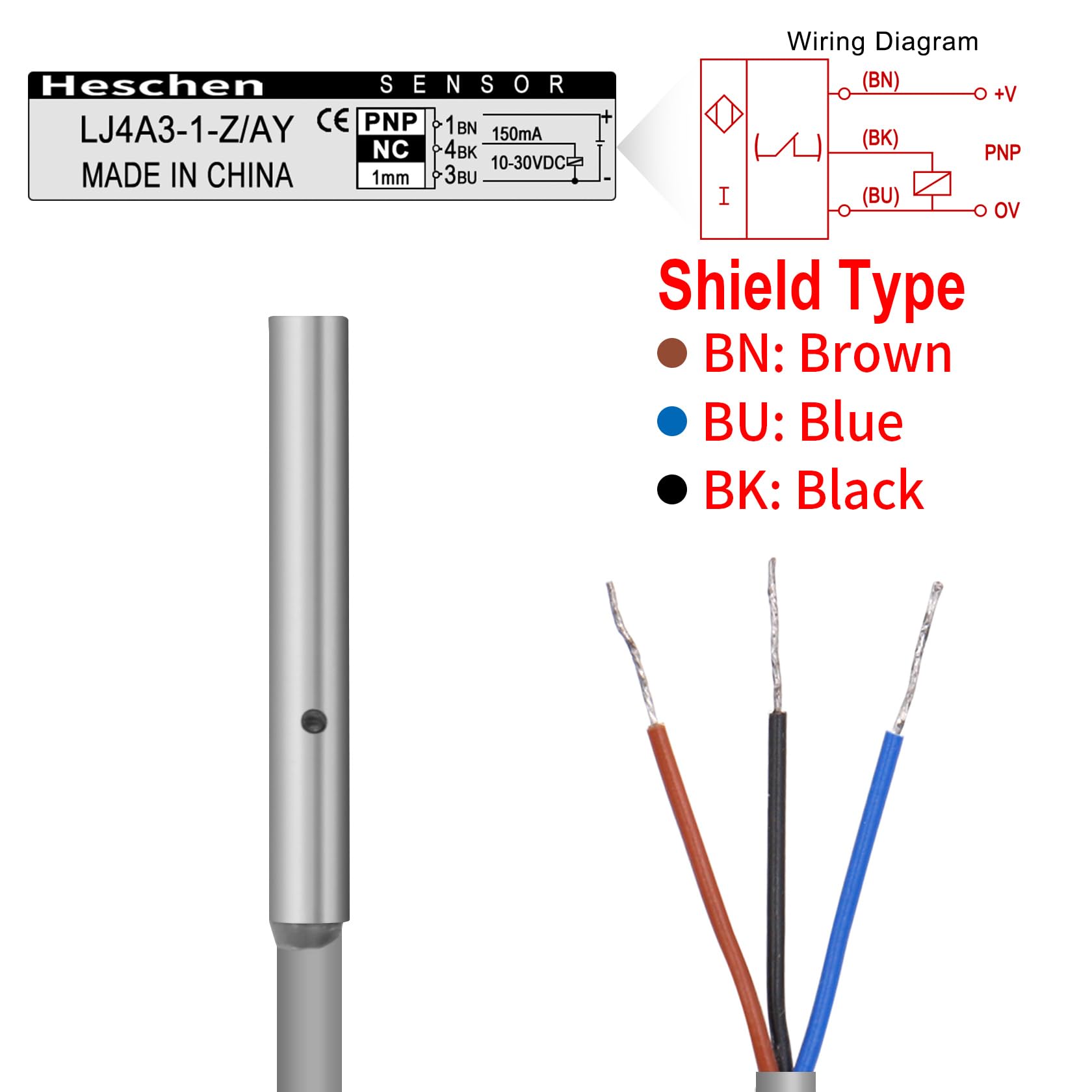 Heschen M4 Inductive Proximity Sensor - PNP Normally Closed, 1.5mm Range, 10-30VDC, 3 Wire Non-Shield