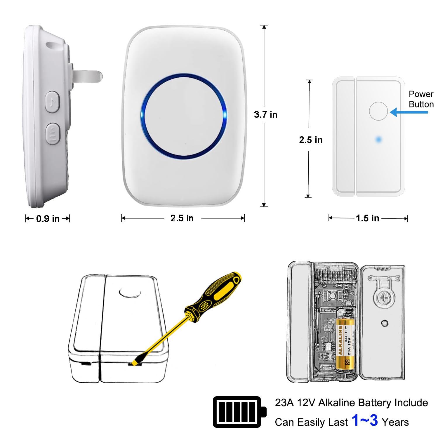 Timbre de puerta, sensor de alarma de puerta inalámbrico, alerta abierta de entrada de puerta con rango de 1000 pies, 60 campanillas y 5 niveles de volumen para negocios/tienda/hogar/oficina