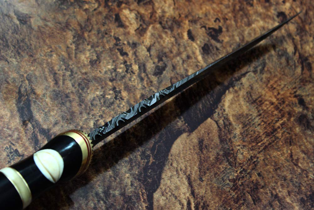 13 Inches Long Hand Carved Camel Bone Round Scale Skinning Knife, Custom Made Hand Forged Damascus Steel Hunting Knife with 7.5