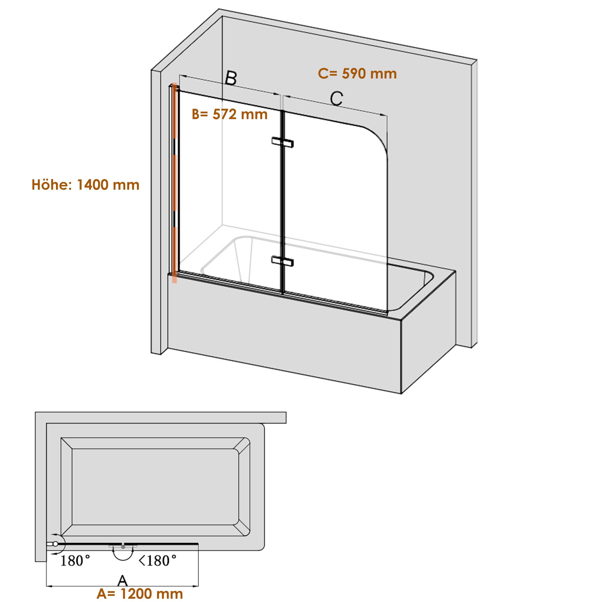Mampara de ducha para bañera, 120 x 140 cm, 2 piezas, pared plegable de cristal de seguridad Nano ESG de 6 mm, impermeable, ahorra espacio, fácil de montar