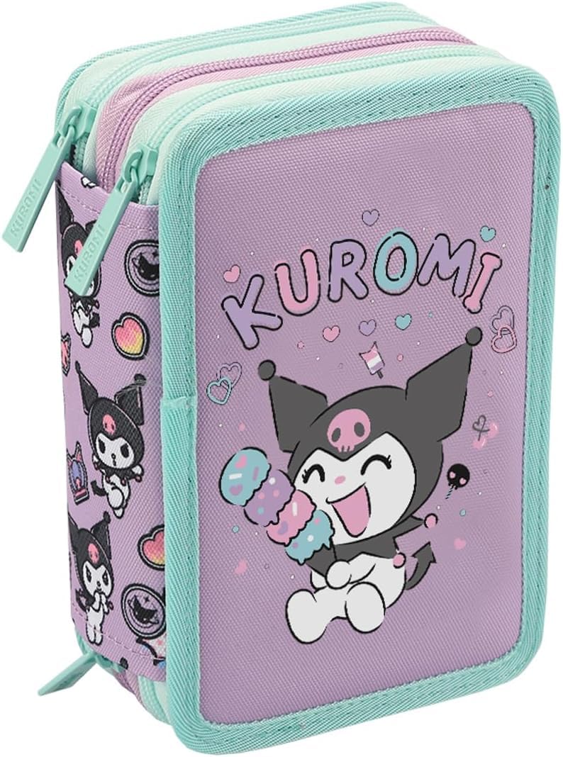 PRESTIGE & DELUXE Zaino Tondo 3 scomparti Kuromi per la scuola primari Bambine + Astuccio 3 piani completo di cancelleria + Kit penne e portachiave paillettes