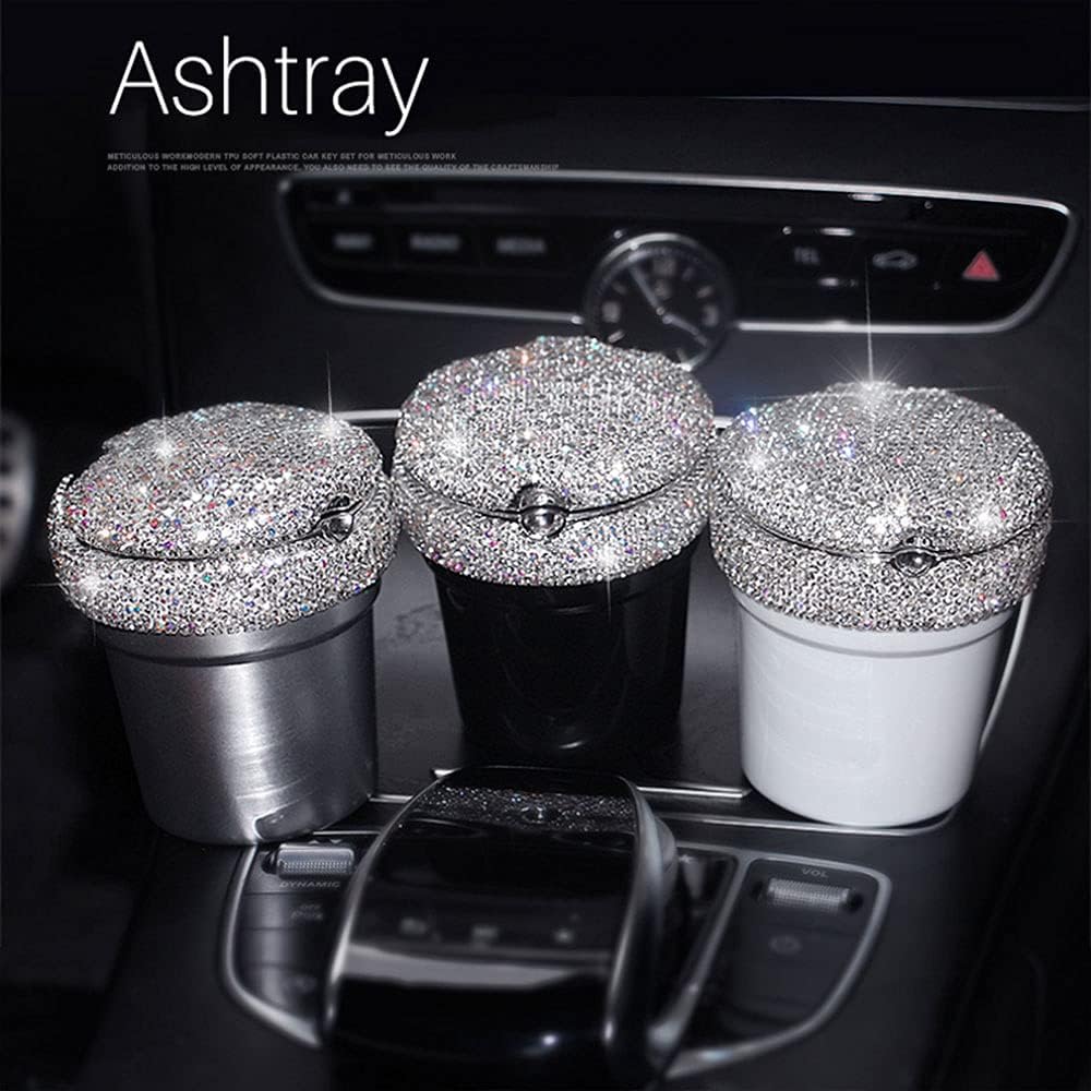 Crystal Rhinestone Car Ashtray with Lid Smell Proof Led Light Smokeless Stand Ashtray Cylinder Gift for Girls or Ladies