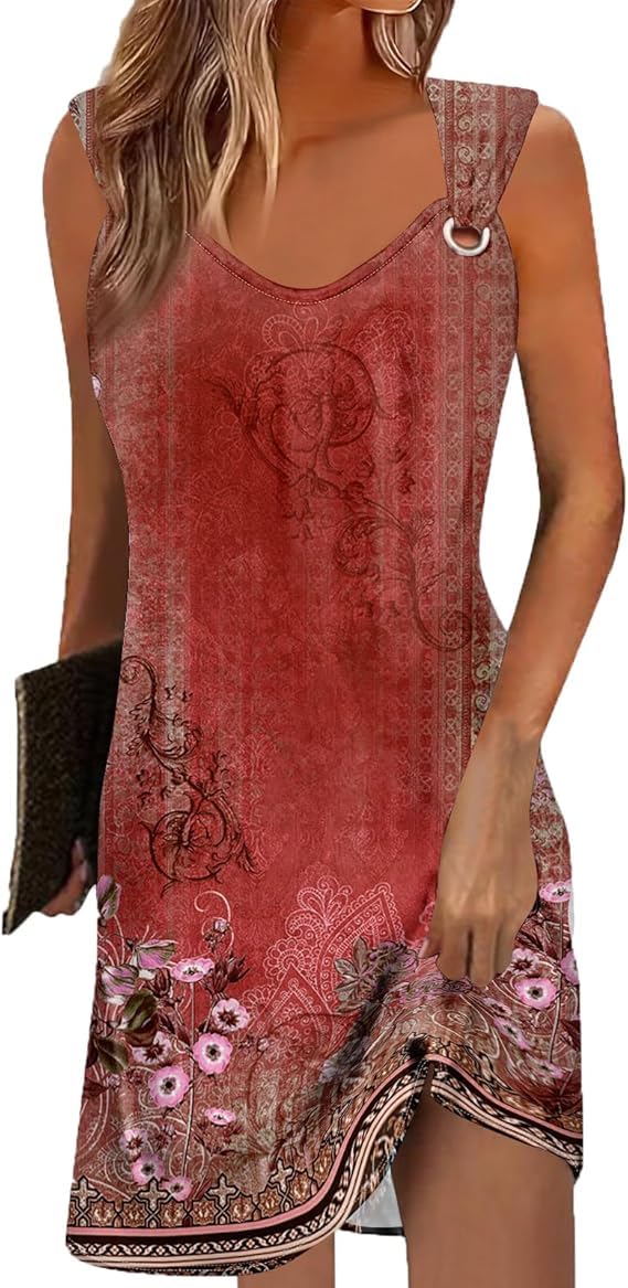 Akivide Women's Boho Floral Printed V Neck Sundresses Ethnic Summer Beach Vacation Sleeveless Dress with Pockets