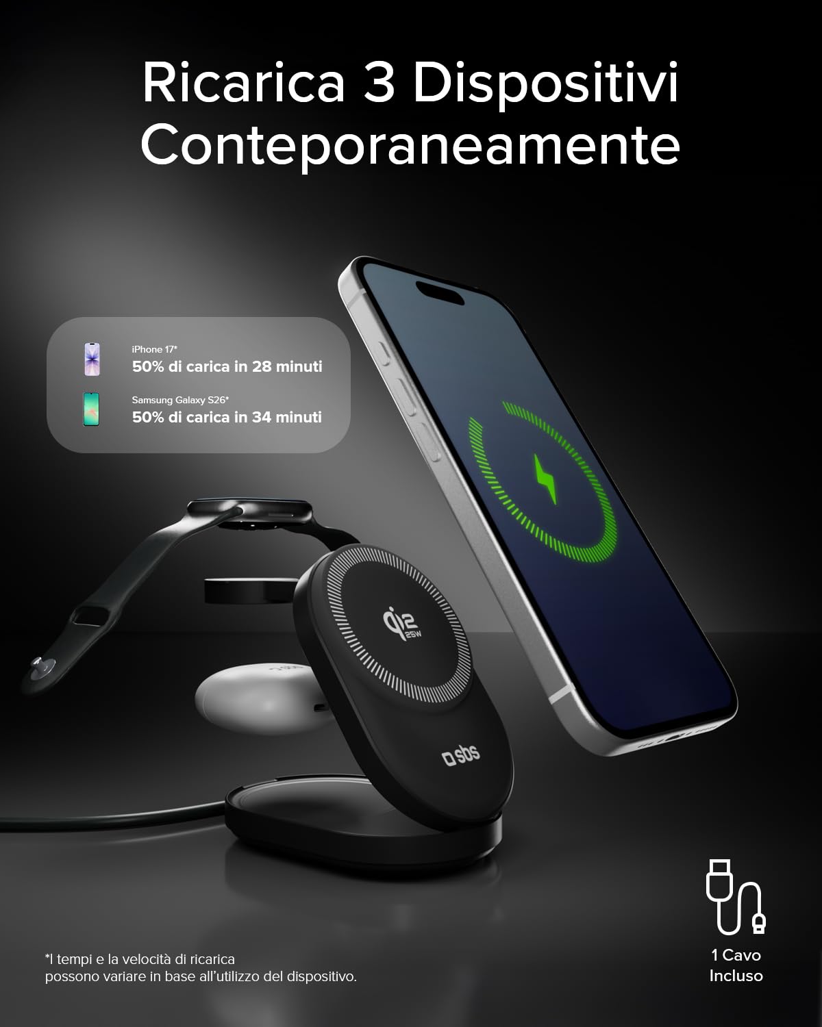 SBS Qi2 25W Power Dock 3in1 MFI MagSafe, Caricatore Wireless per iPhone, AirPods, Apple Watch, Ricarica Rapida 35W (25W+5W+5W), Caricabatterie Magnetico, Alimentazione USB-C, Certified MFI, Nero | Caricatore Wireless per iPhone, AirPods, Apple Watch, Cari