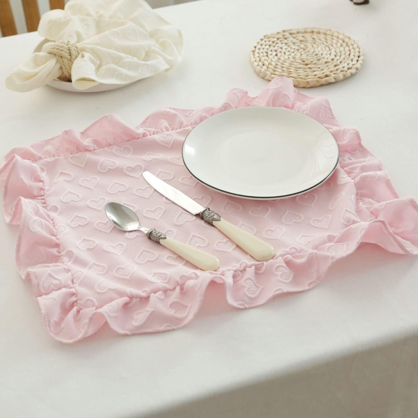 Manteles Individuales de Mesa Geométrico Set 8, 38 x 45 CM Rosa Poliéster Mantel Individuales, Patrón de Corazón con Color Sólido