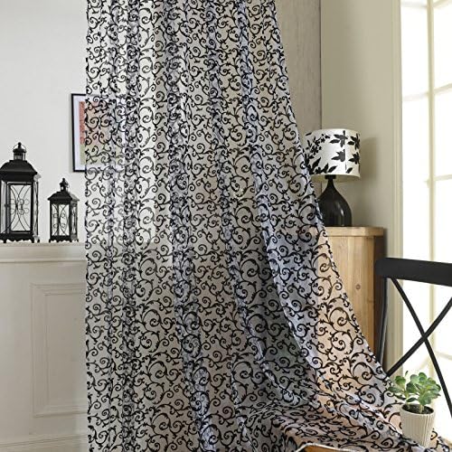 2Pcs Black Peony Flower Window Curtains Door Room Divider Sheer Panel Drapes Scarfs