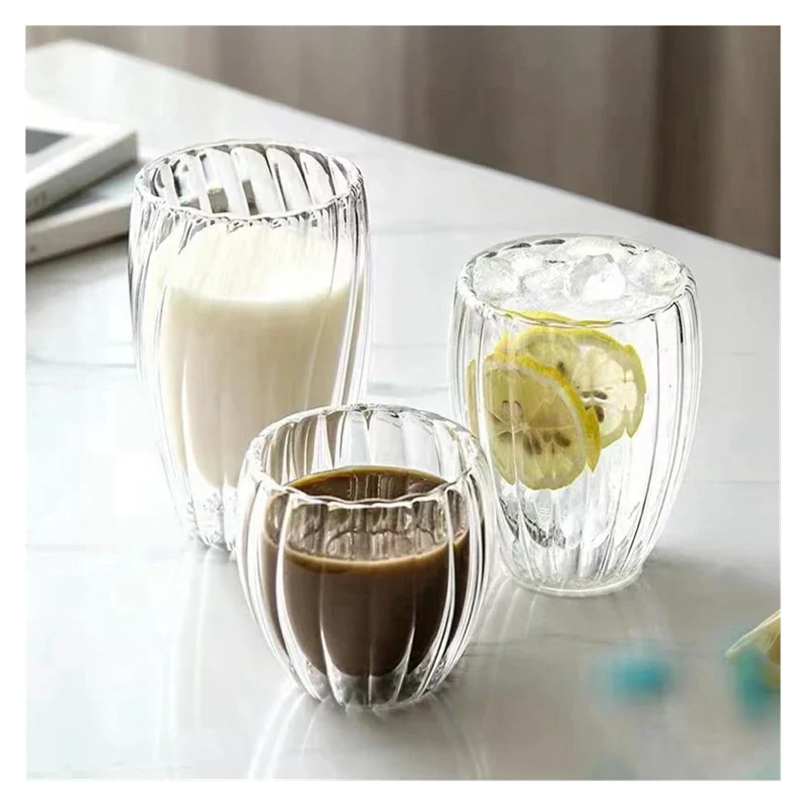 Vasos De Cristal Agua Taza de café de doble pared de vidrio ondulado, taza de desayuno, té, leche, zumo, cerveza, agua, 250/350/450ml(350ML)