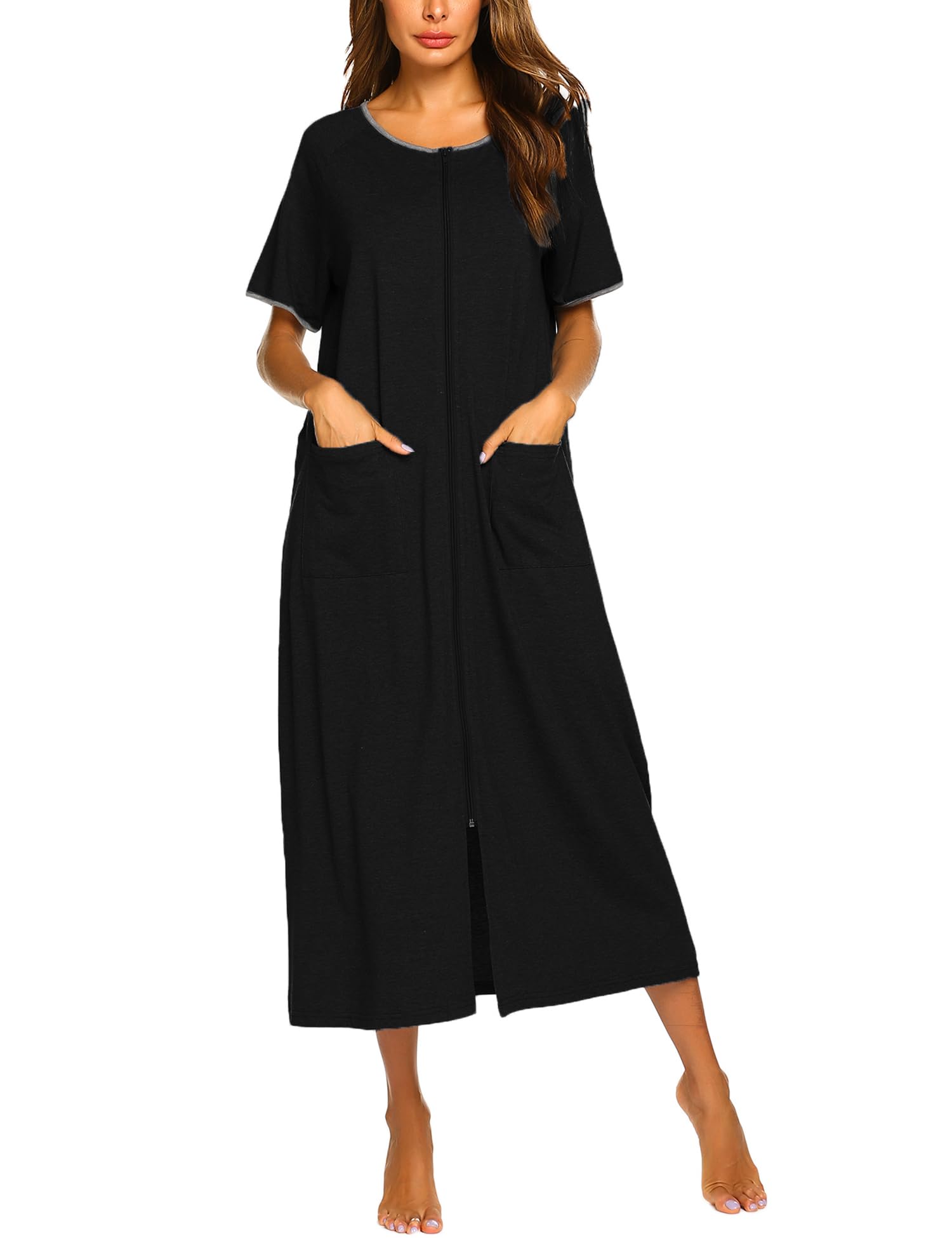 Ekouaer Women Robes Zipper Front Short Sleeve Full Length Housecoat with Pockets Loungewear S-4XL