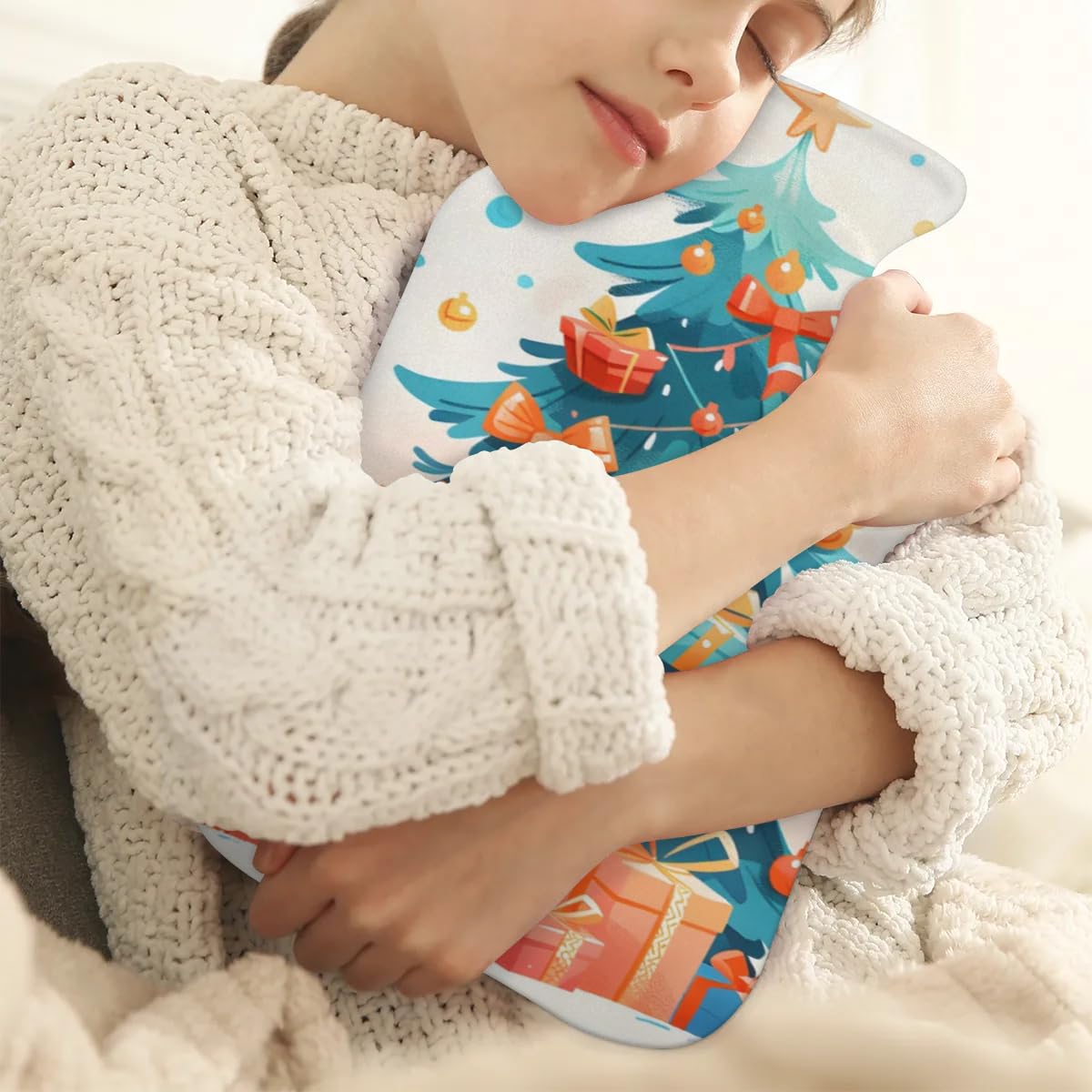 Hot Water Bottle with Soft Cover,2L Christmas Gift Hot Water Bag for Hot and Cold Compress, Hand Feet Warmer, Colorful Tree Rubber Hot or Cold Water Bottle Halloween Christmas Decorations