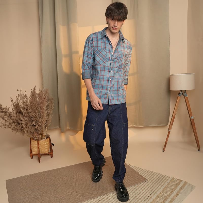 Image of CAHOOT Men's Gingham Shirt | Casual Wear | Spread Collar | Long Sleeve | Button Closure | Shirt Crafted with Comfort Fit for Everyday Wear