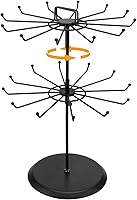 MyGift 2-Tier Black Metal Rotating Necklace Tree Stand - 24 Hooks Jewelry Organizer, Bracelet Holder & Vendor Display with Card Holder