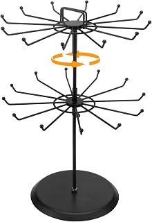 MyGift 2-Tier Black Metal Rotating Necklace Tree Stand - 24 Hooks Jewelry Organizer, Bracelet Holder & Vendor Display with Card Holder
