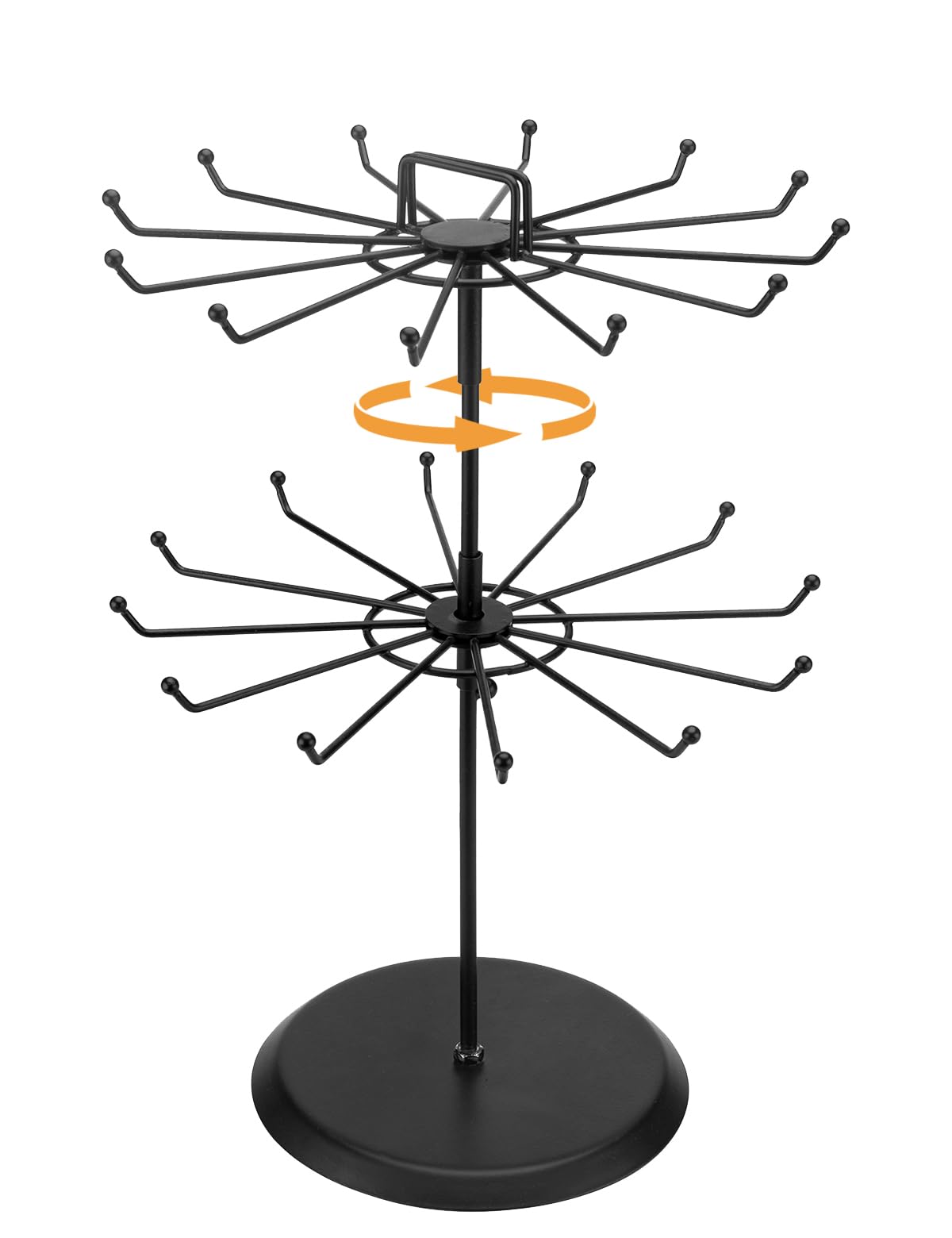 MyGiftMyGift 2 Tier Black Metal Rotating Necklace and Bracelet Organizer Jewelry Stand with 24 Hooks, Multipurpose Accessory and Keychain Spinning Display Rack with Top Handle Card Holder