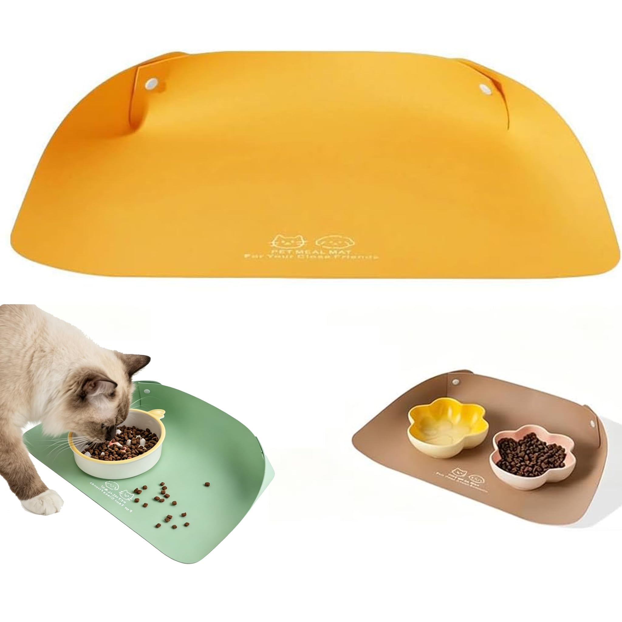 Cat Dog Food Mat, Waterproof Non Slip PU Leather Pet Feeding Mat for Cats and Small Dogs, Easy Clean Raised Edge to Contain Spills, Oil-Proof BPA Free with Grippers for Small to Medium Pets (Yellow)