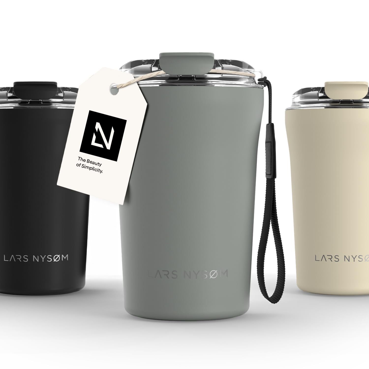 LARS NYSØM Thermo Coffee Mug-to-go with Strap 13oz | Travel Mug 0.38 Liter with Insulation | Leak Proof Stainless Steel Thermal Tumbler for Coffee and Tea to Go (Ash Gray, 380ml)