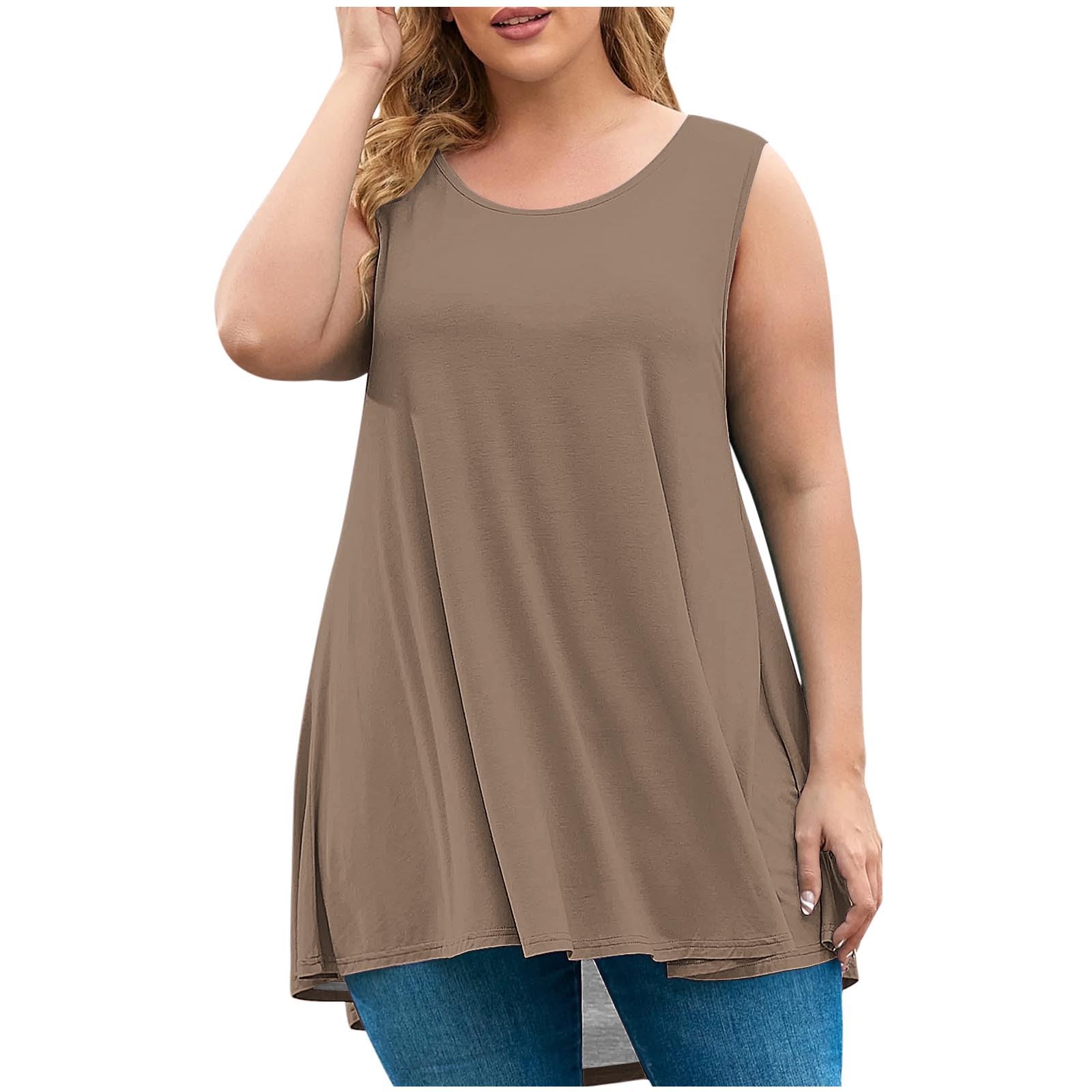 Womens Plus Size Tank Tops Casual Loose Swing Sleeveless Tunic T-Shirts Summer Round Neck Flowy Long Camisole