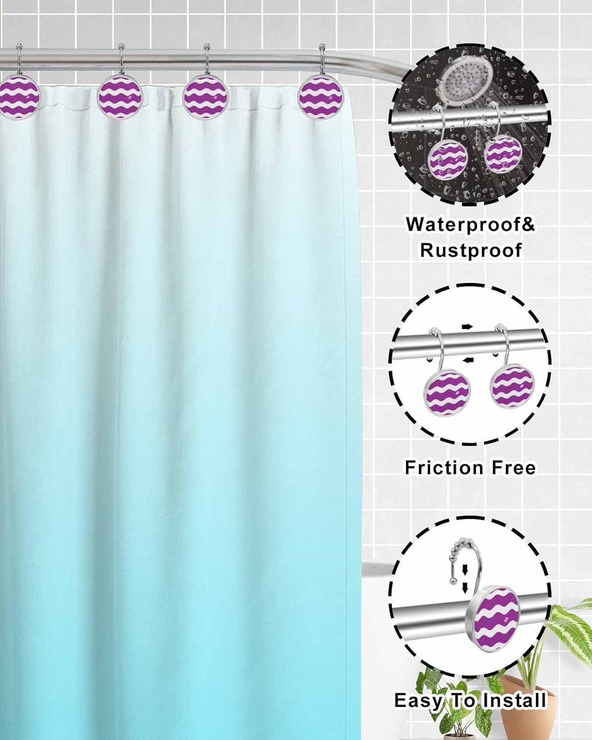 Shower Curtain Hooks 12 Pcs, Rose Red Sea Wave Ripple Stainless Steel Rust Proof Rolling Shower Curtain Rings, Decorative Shower Curtain Hooks Hangers for Bathroom
