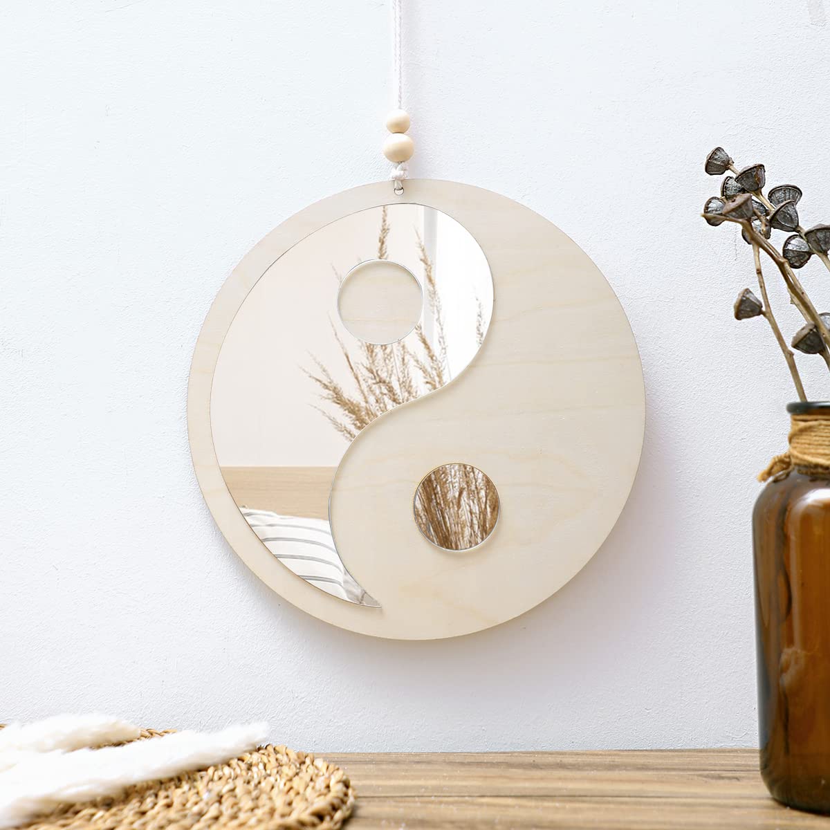 Artilady Yin Yang Decorative Mirror - Boho Wood Mirror Macrame Taiji Small Round Mirror Wall Decor for Apartment Nursery Bedroom Living Room Farmhouse Funky Home Decor