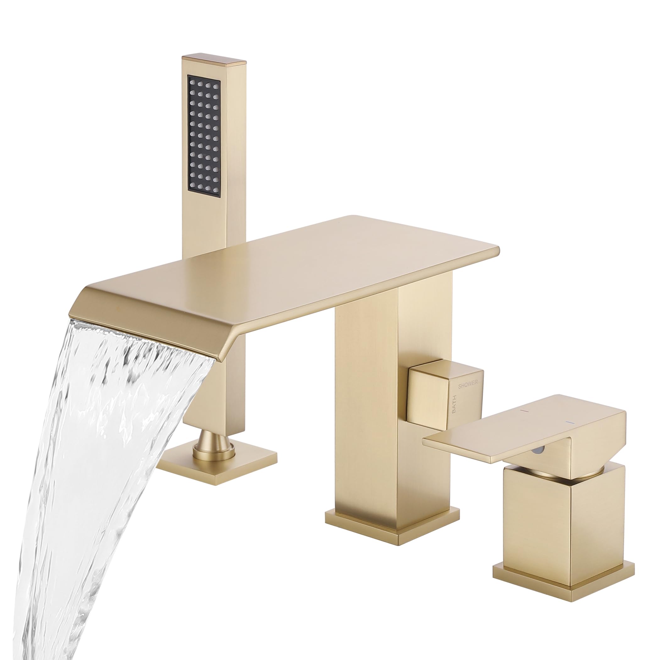 Photo 1 of NIITAWH Waterfall Roman Tub Faucet with Hand Shower Brushed Gold Bathtub Faucet 3 Hole Widespread Tub Filler Deck Mount Solid Brass