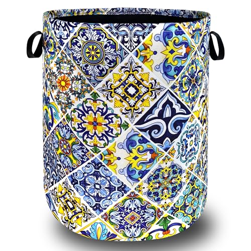 Image of Mexican Tiles Laundry Basket Oxford Cloth Foldable Hamper 18.9x16.5 Inch