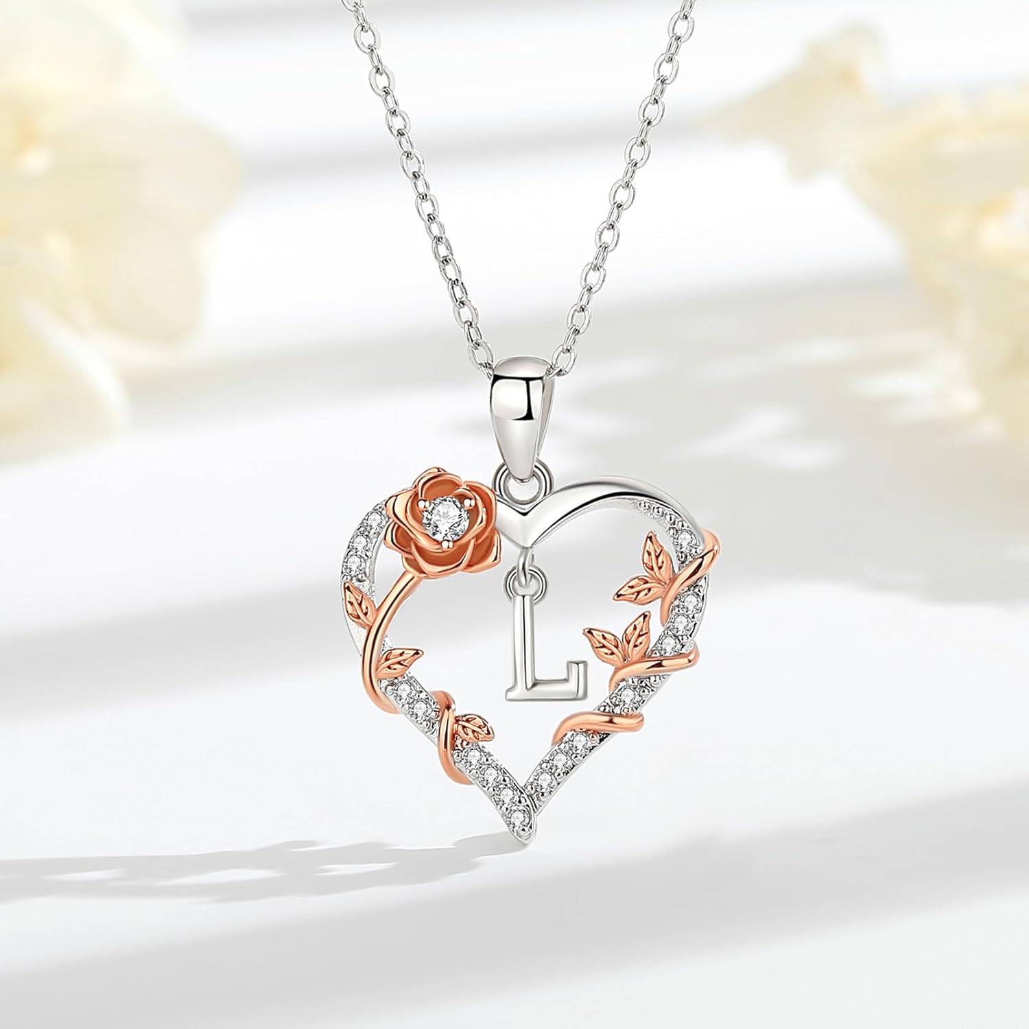 EUDORA Rose Heart Initial Necklace for Women Letter Alphabet Initial Necklaces Copper Rhodium Plated Pendant with Cubic Zirconia, Initials Jewelry Gifts for Women Wife Mother, 18"