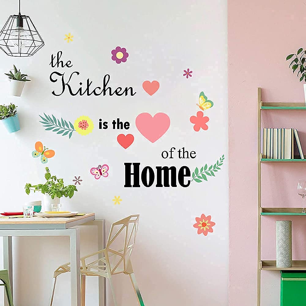 Supzone Kitchen Quote Wall Stickers The Kitchen is The Heart of The Home Wall Decals with Flowers Butterflies DIY Removable Vinyl Wall Art Mural Sticker for Kitchen Dining Room Wall Home Decoration