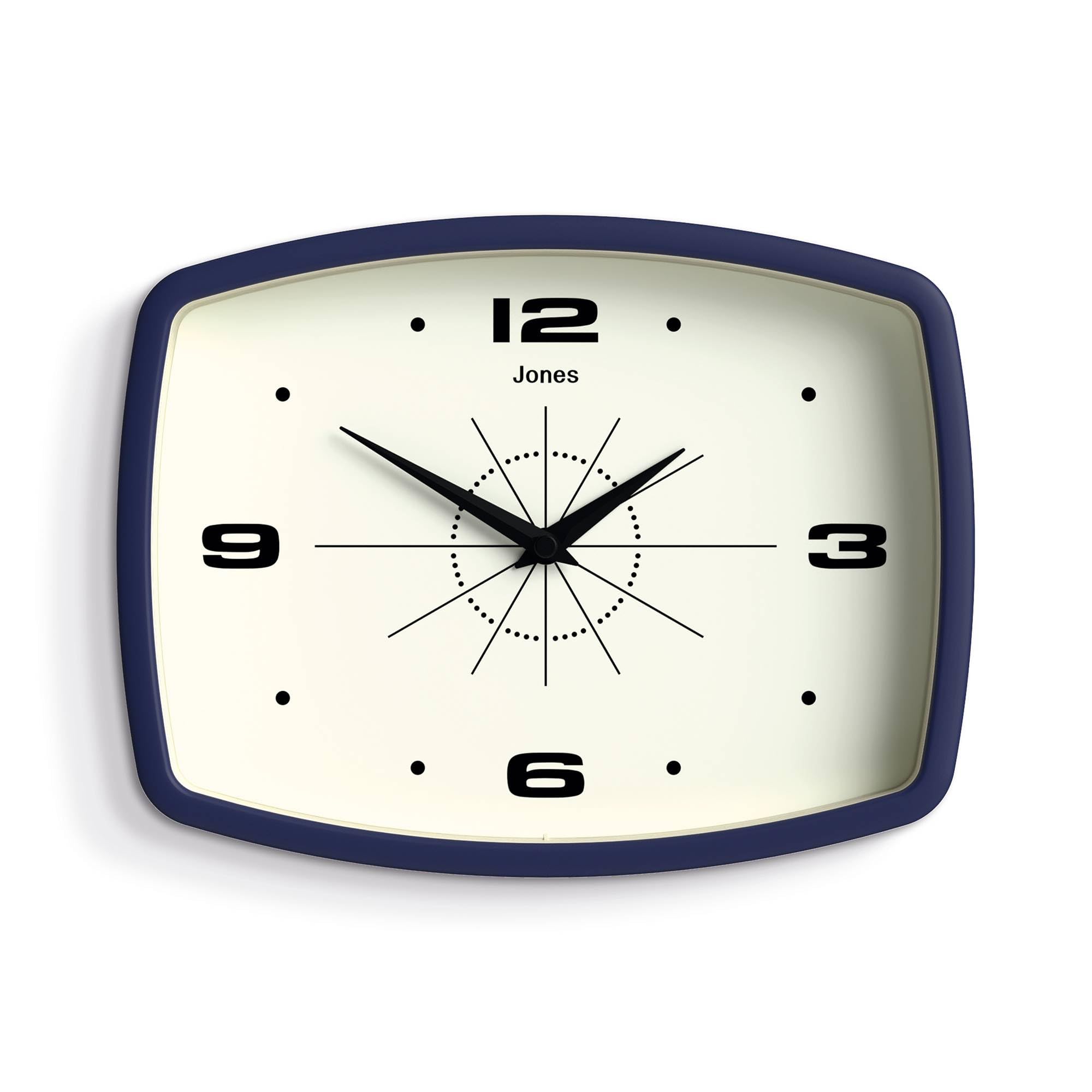 Jones Clocks Midnight Blue Jones Clocks® Movie Wall Clock | Retro Rectangular Clock | 25Cm | Blue | Cool Mid-Century Designer Look For Kitchen, Living Room Or Office